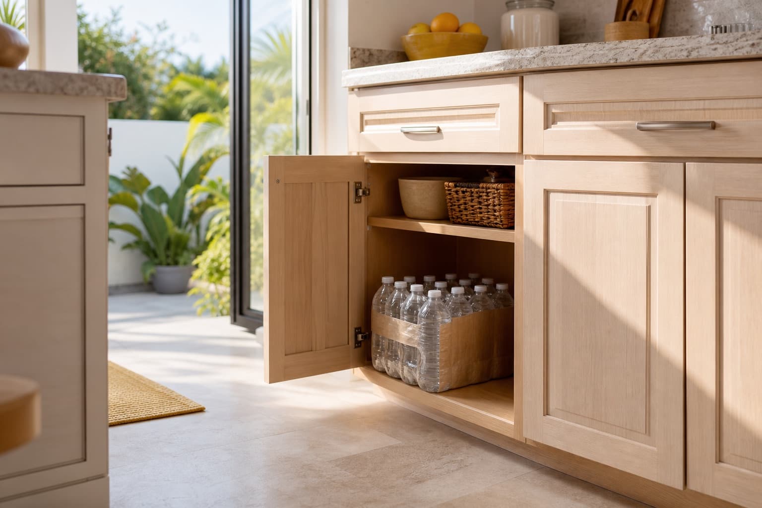Unbranded case of bottled water taking up lower-cabinet storage in a sunlit kitchen
