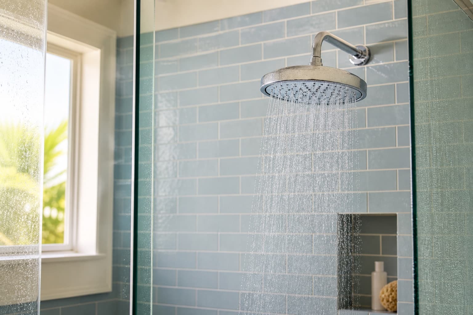 Sunlit chrome showerhead running against pale blue tile in a Florida home