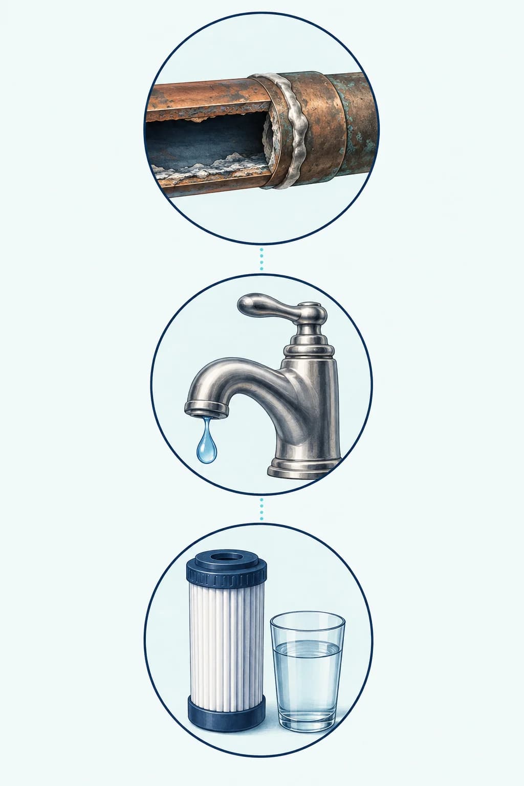 Illustration connecting an older pipe joint, tap water and drinking-water filtration