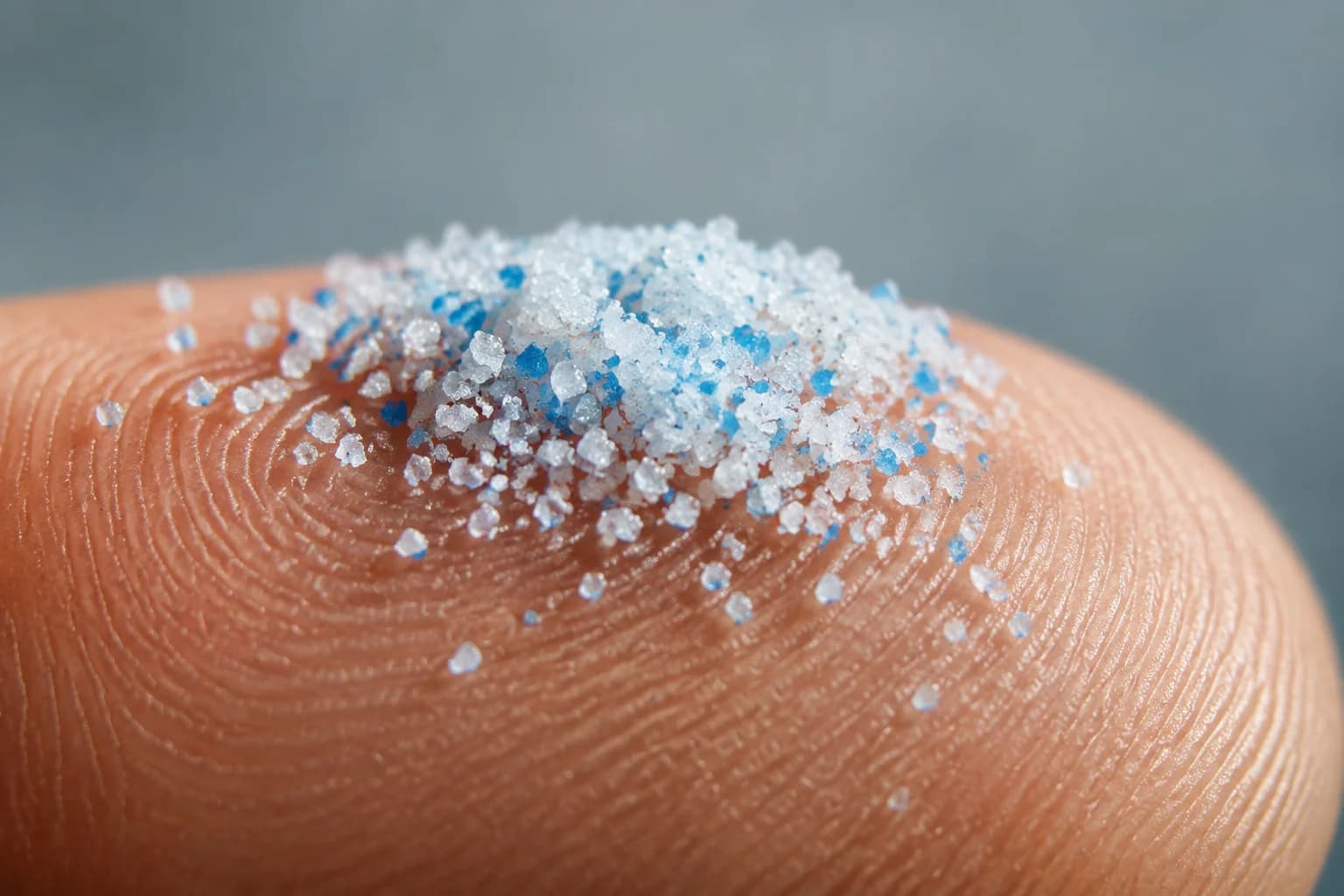 Illustrative macro view of tiny plastic fragments on a fingertip