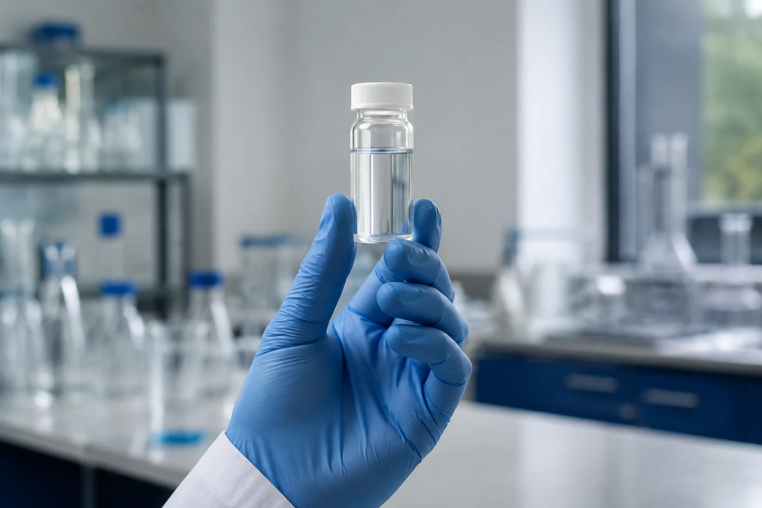A gloved hand holding a clear water sample vial in a laboratory