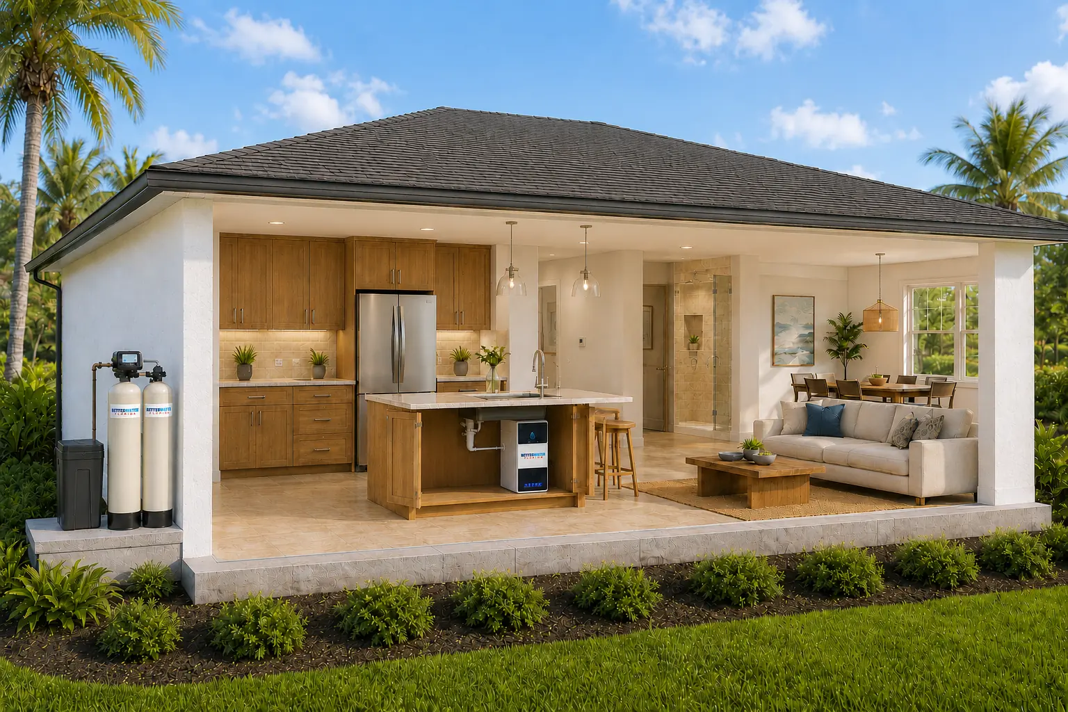 Cutaway view of a Florida home with Better Water Florida treatment tanks outside, reverse osmosis under the kitchen sink, and household fixtures